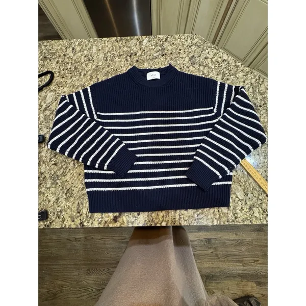Aritzia Wilfred Maria Merino Wool Sweater Navy White Stripe Size Small - Image 3