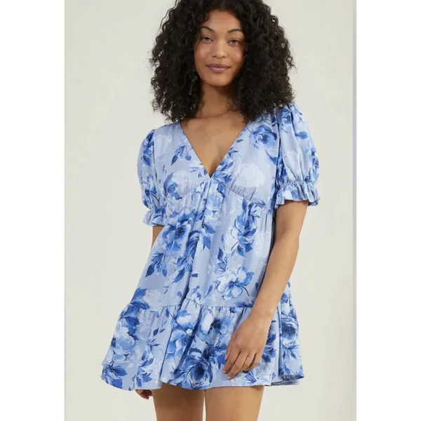 Altar'd State Women's size Large Blue Floral Linen Blend Fit Flare Dress V Neck - Image 2