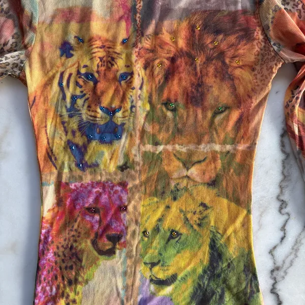 Y2K Vintage Save The Queen Sheer Mesh Big Cat Graphic Top Long Sleeve Size M - Image 2