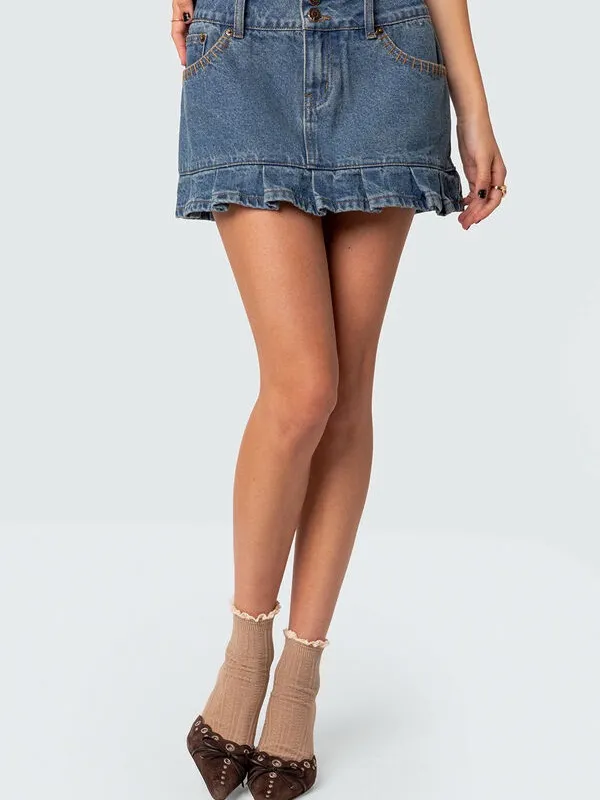Edikted Pleated Hem low rise Washed Denim Mini Skirt Y2K, festival Western XL - Image 2