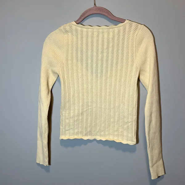 Wilfred Aritzia Yellow Soloist Pointelle Knit Babydoll Sweetheart Sweater M - Image 8