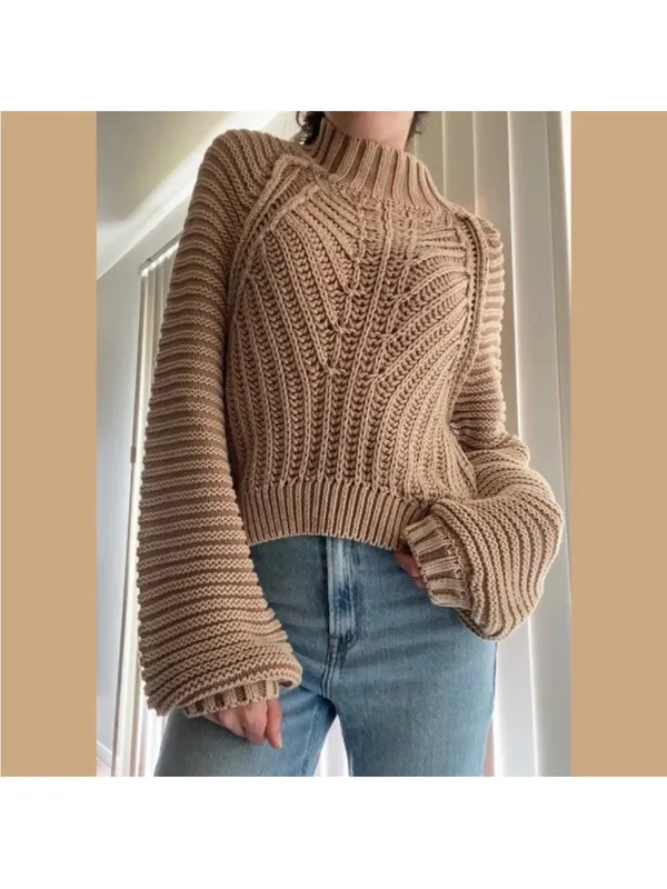 Free People Tan Knitted Chunky Cropped Sweater, Medium - Image 4