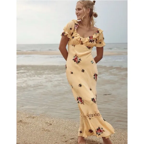 Free People Bali Santa Cruz Ruffle Maxi Dress S Yellow Floral Puff Sleeve Boho - Image 5