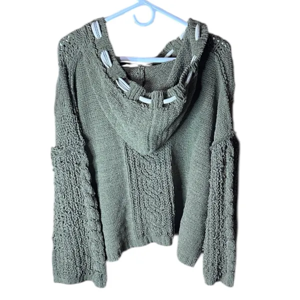 Pol Oversize Olive Green Chunky Knit Olive Sweater with Hoodie and Ties. Nubby - Image 5