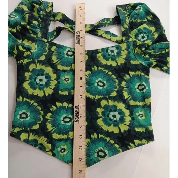 Free People Retro Hippie Green Square Neck Puff Sleeve Bandana Original! Small‎ - Image 9