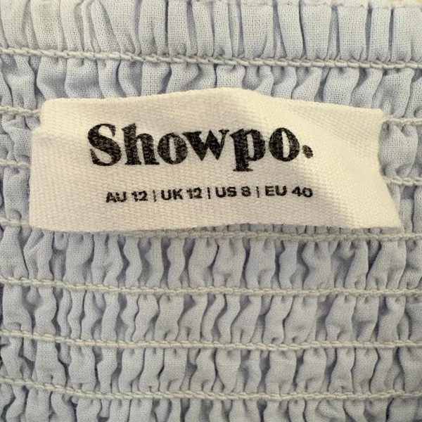 Showpo Chelle Shirred Mini Dress Tie Sleeve 8 Ice Blue Smocked Ruffle Cotton - Image 5