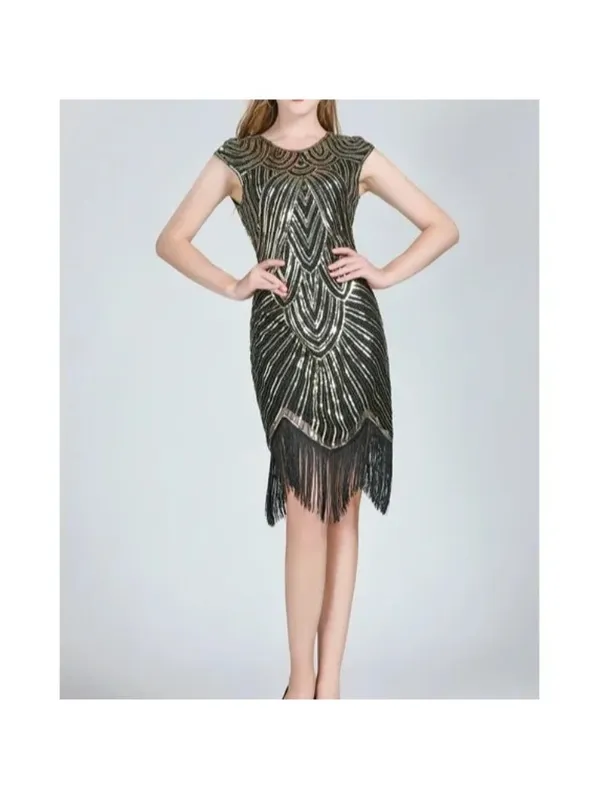 1920 Gold Sequin Fringed Gatsby Flapper Cocktail Dress Costume Accessories LARGE - Image 3