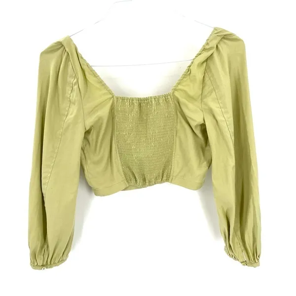 Aritzia Babaton GREEN Hadwyn Puff Sleeve Crop Sweetheart Neckline Linen Blouse - Image 4