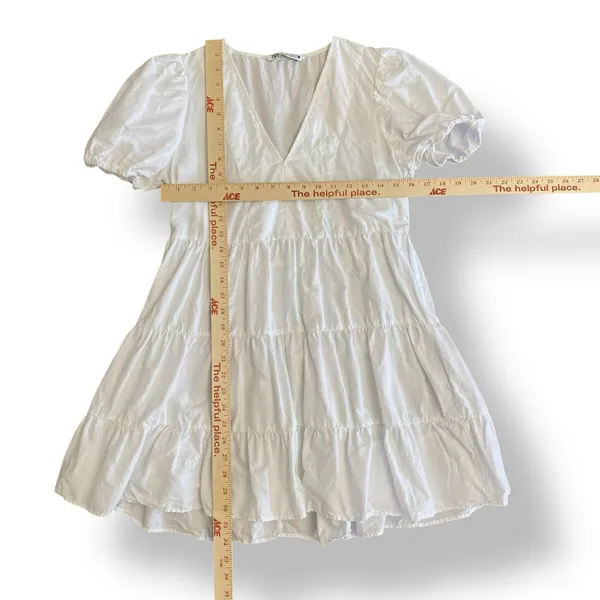 Zara Women’s White Puff Sleeve Tiered Ruffle‎ Mini Dress Size XS Preppy - Image 3