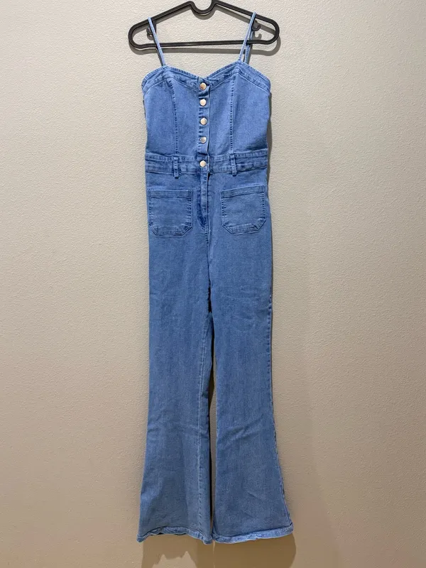 West Of Melrose Denim Flare Jumpsuit Size S - Image 3