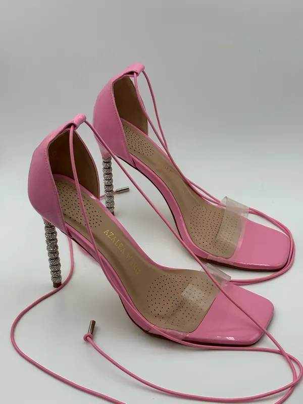 Azalea Wang Pink Lace-Up Crystal-Heel Sandals - Image 2