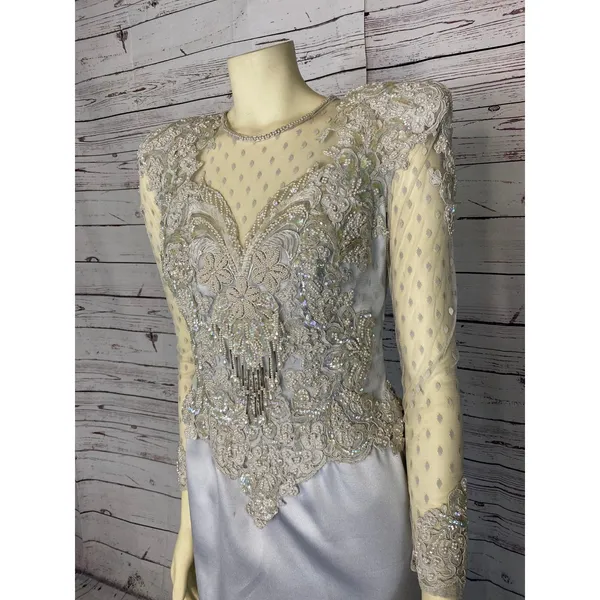 1990s Vintage Ice Blue Beaded Formal Gown Sheer Lace Bodice Custom S-M - Image 8