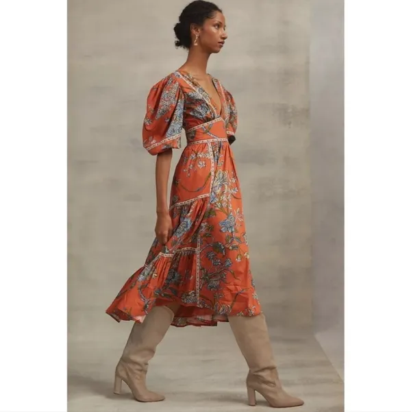 Anthropologie ×Love The Label Puff-Sleeved Tiered Midi Dress Size XS - Image 3