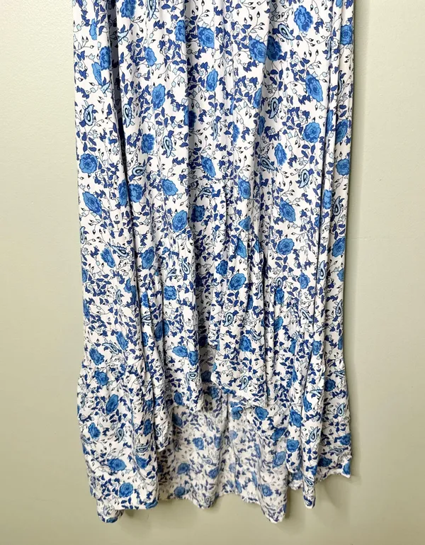 Abel The Label Hi-Lo Ruffle Hem Short Sleeve Floral Maxi Dress Blue White Medium - Image 7