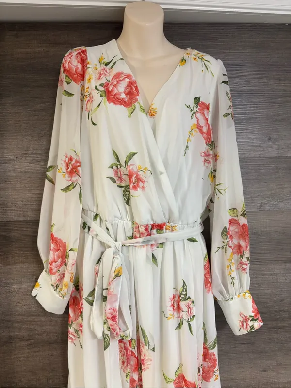 Cream Floral Wrap Maxi Dress with Pink Blooms - Image 2