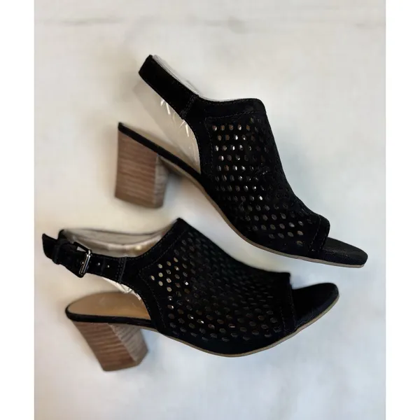 Franco Sarto Mandi Blk Suede Block Heel Shoes Peep Toe Buckle Sz 6.5 Sling Back - Image 4