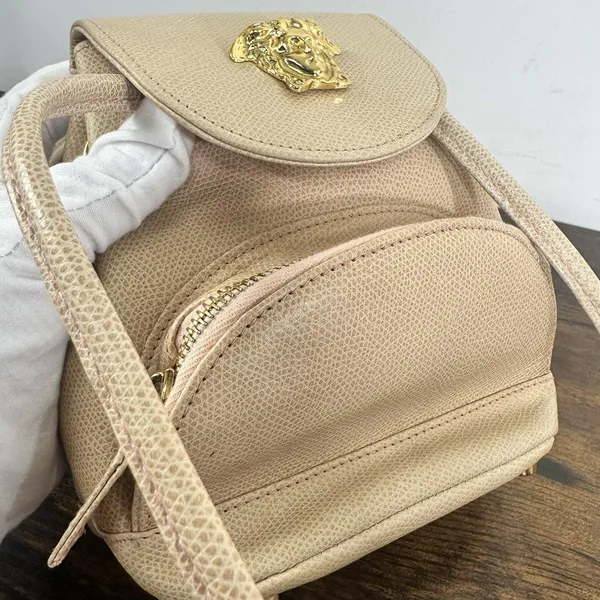 Gianni Versace Vintage Backpack Bag Womens Mini Beige Leather Italy Medusa Gold - Image 7