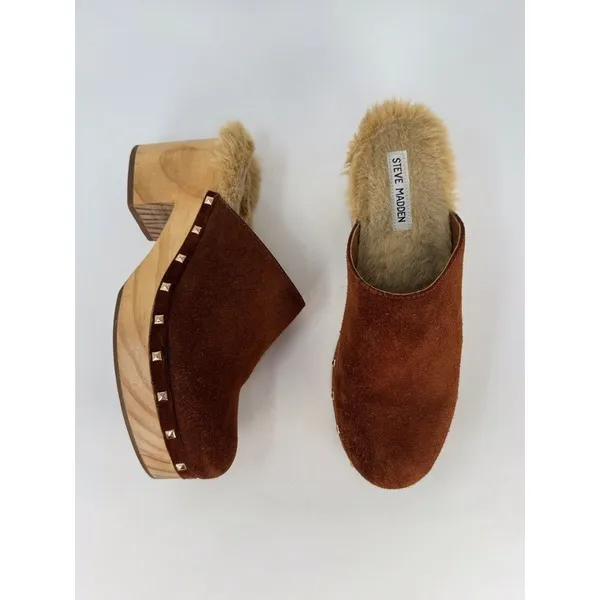 Steve Madden Brooklyn Womens Clogs Brown Suede Mules Fur Trim Studded Sandals 8M - Image 3