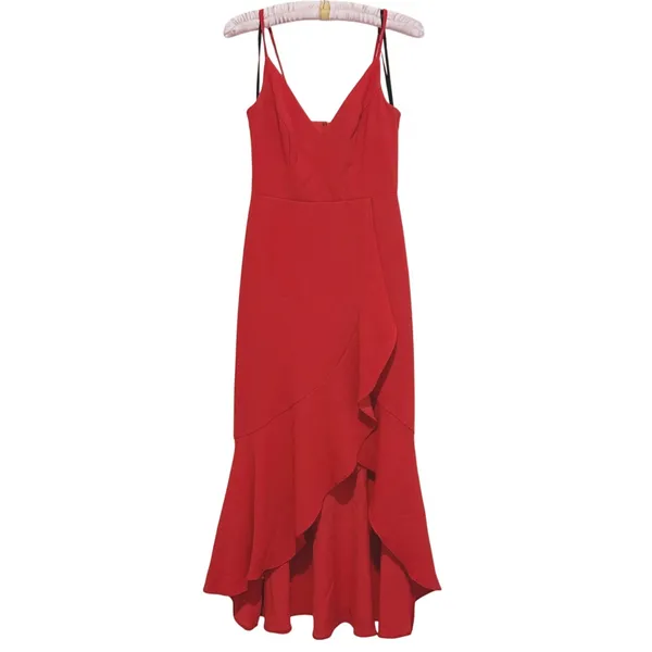 XScape Womens Asymmetrical Ruffle Midi Dress Size 4 Red Cocktail Wedding Guest Event - Image 2