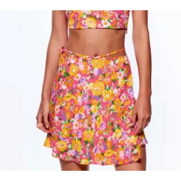 Zara Women’s Spring Pink Orange‎ Purple Floral Wrap Side Tie Skirt Size Small - Image 11
