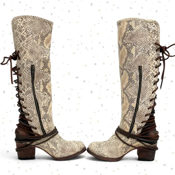 Freebird by Steven Coal White Snake Leather Lace Up Corset Heel Fall Boot Size 9 - Image 2