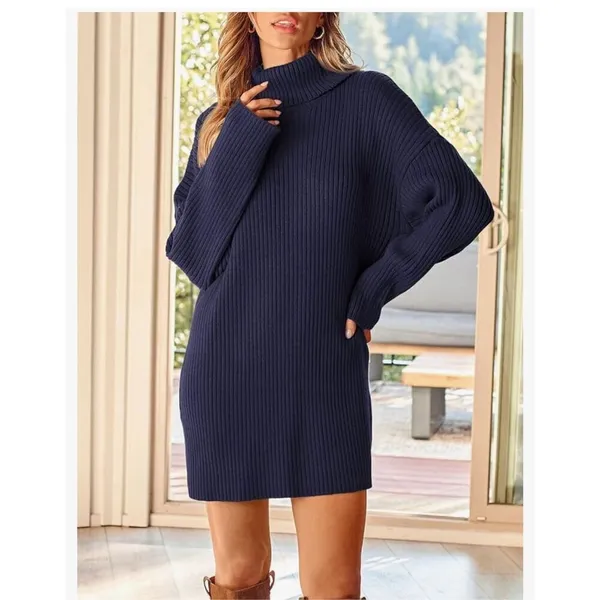 NEW Oversized Batwing Sweater Tunic Pullover Ribbed Dress 2X Blue - Image 2