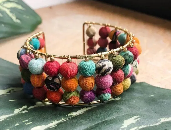Kantha Red Gold Multicolored Fabric Pearl Bold Cuff Spiral Bracelet NWT - Image 2