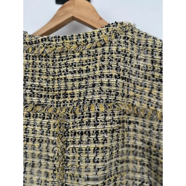 Ann Taylor Tweed‎ Jacket Bomber Zip Blazer Size 8 Fringe Career Yellow Metallic - Image 5