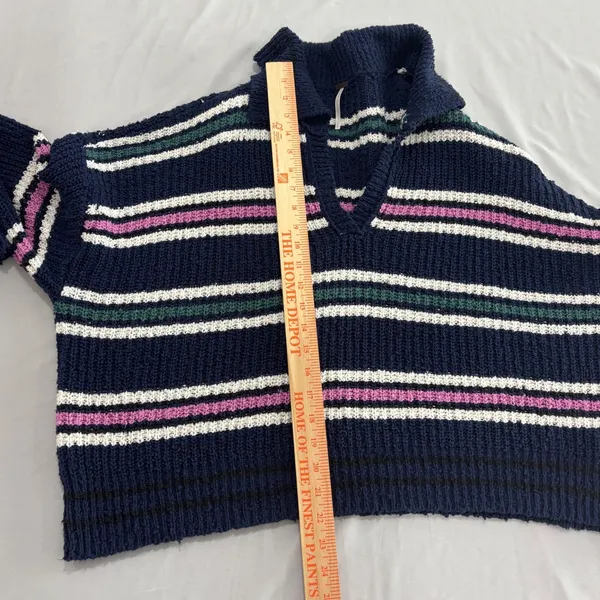 Free People Navy Blue Striped Chunky Knit Polo V-Neck Sweater Large - Image 11