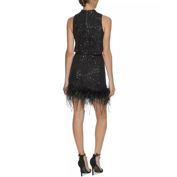 Eliza J Sequined Feather Hem Mini Dress Party Glam Mockneck Cocktail US 8 NWT - Image 2