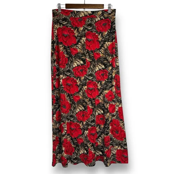 Vintage Y2K Maxi Skirt L Red Floral Tiger Animal‎ Print Slinky Stretch Pull On - Image 4