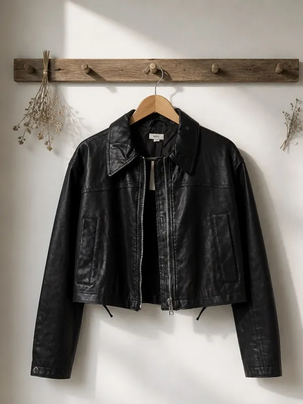 Women's Black/Brown Faux Leather Cropped Jacket with Lace-Up Sided - Image 3