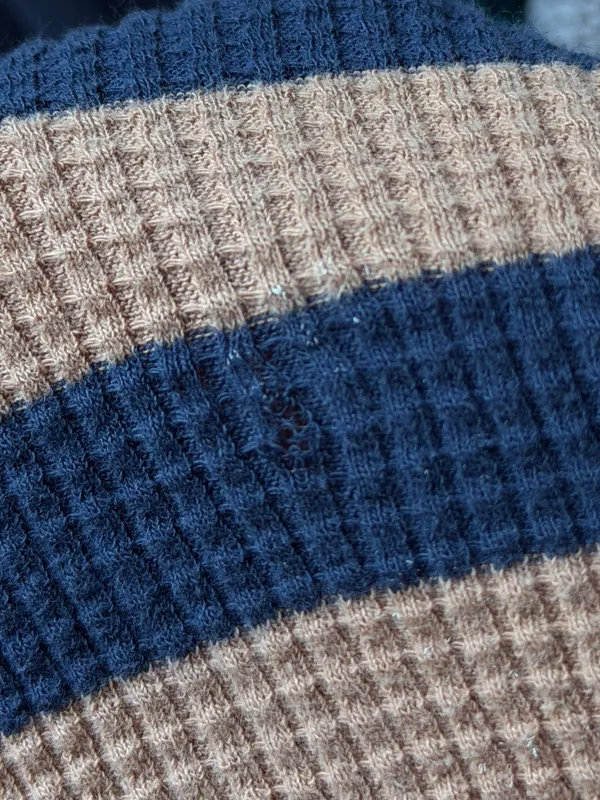 Aerie Wow Waffle Henley Long Sleeve Striped Top Size Medium Navy Tan Shirt - Image 7