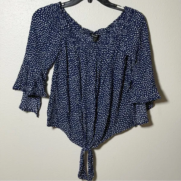 Express Women Navy Blue‎ Polka Dot Top Blouse Off Shoulder size S - Image 2