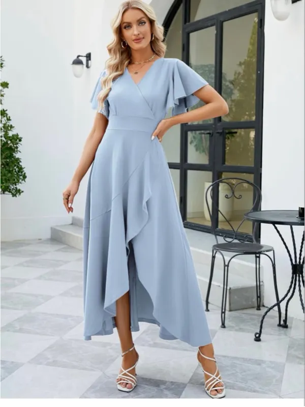NEW Split Elegant V Neck Wrap Ruffle Wedding Guest Dress L Blue Size L - Image 4
