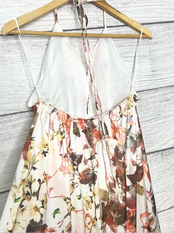 L'ATISTE Cream Floral Satin Halter Maxi Dress with Slit Size Large - Image 7