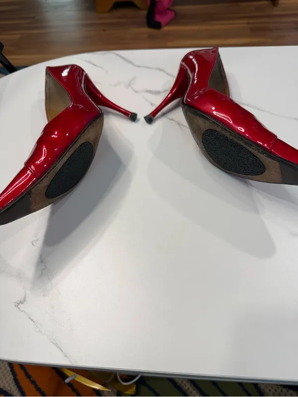 Stuart Weitzman Red Patent Pointed-Toe Pumps with V-Cut - Image 4