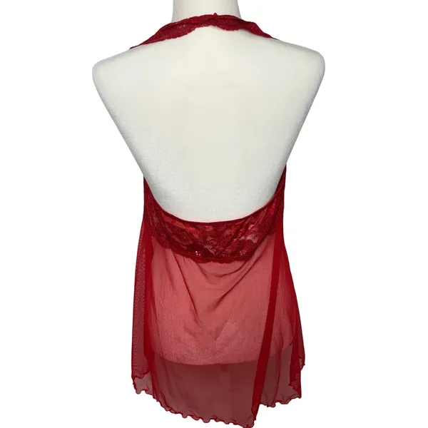 Victorias Secret Red Lace Mesh Babydoll Chemise Lingerie sz L Mini Slip Romantic - Image 4