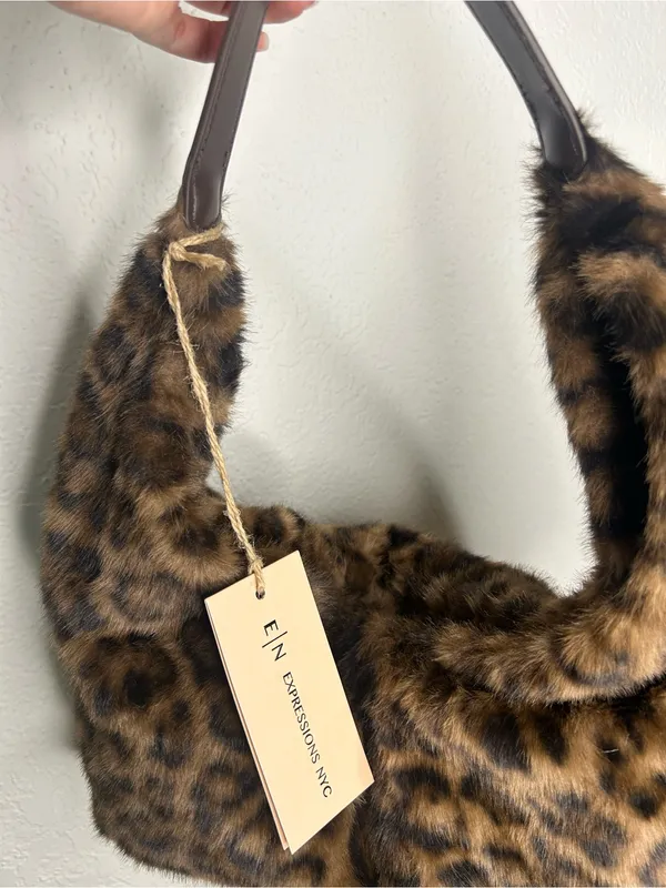 NEW Expressions NYC Brown Leopard Faux Fur Hobo Shoulder Bag - Image 2