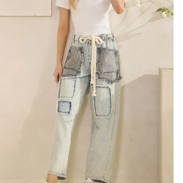 Oli & Hali Light Wash Patchwork Cropped Wide-Leg Jeans XL - Image 2
