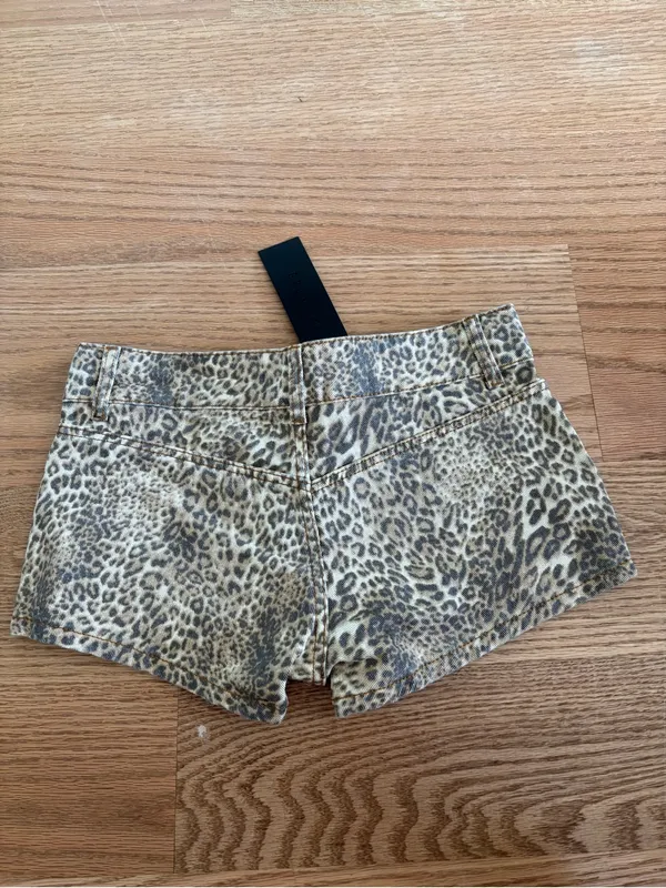 Lioness Leopard Print Denim Shorts in Tan and Brown - Image 3