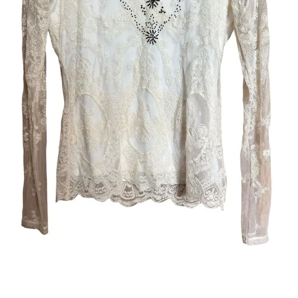 BKE Buckle Top Womens Small Ivory Lace Boho Artsy Stretch Embroidered Blouse - Image 4