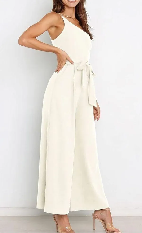 NEW Dressy 1 Shoulder Wide Leg Jumpsuit Romper Pockets L NO BELT - Image 2