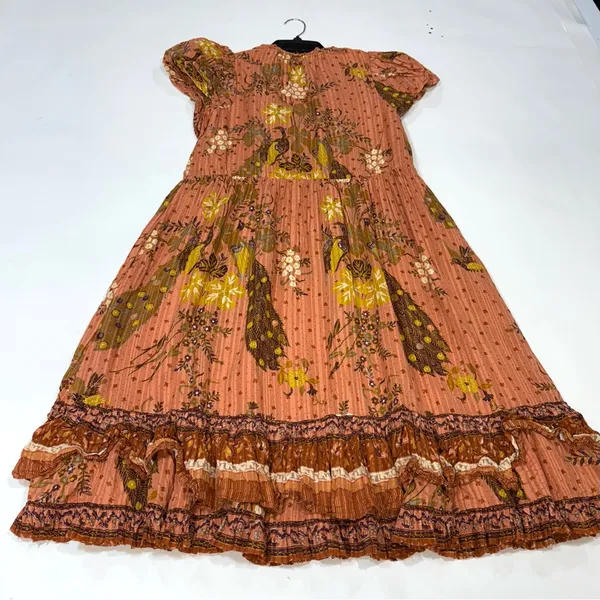 ULLA JOHNSON Remi Printed Tiered Midi Dress In Orange Cotton In Brown Size 2 - Image 6