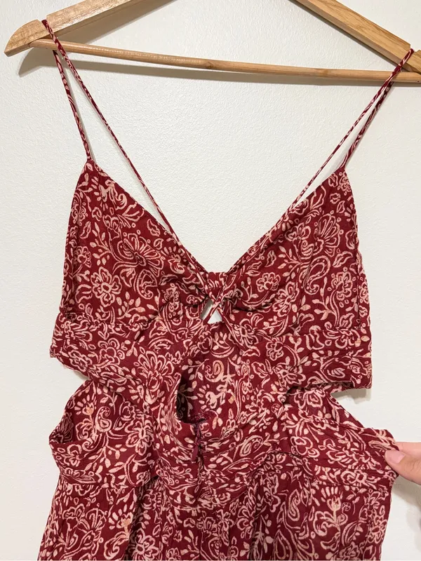 ZARA Paisley Floral Boho Dress Size Medium Side Cut out Burnt Orange - Image 7