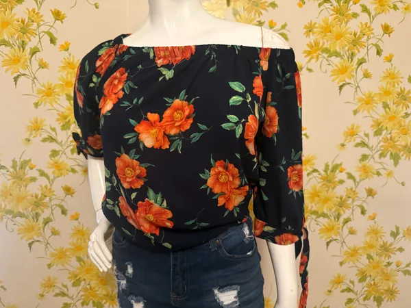 Off-Shoulder Navy Floral Women's Top with Orange Blooms size M - Image 3