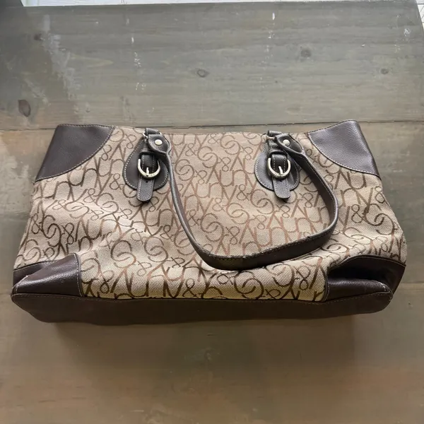 New York & Company Tan Brown Monogram Print Shoulder Tote Bag Purse - Image 11