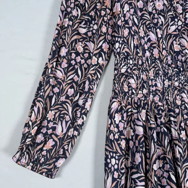 J Crew Dress Size-M Women Mini Dress Navy‎ Purple Smocked Waist Floral Fields - Image 10