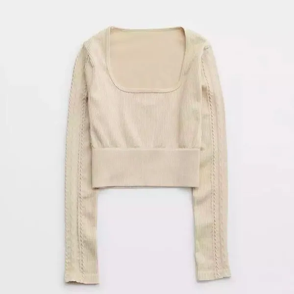 OFFLINE By Aerie Seamless Cable Square Neck long sleeve T-Shirt crop top OAT bei - Image 2