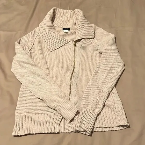 J Crew size XS cream long sleeve angled zip front floppy collar cardigan GUC - Image 2